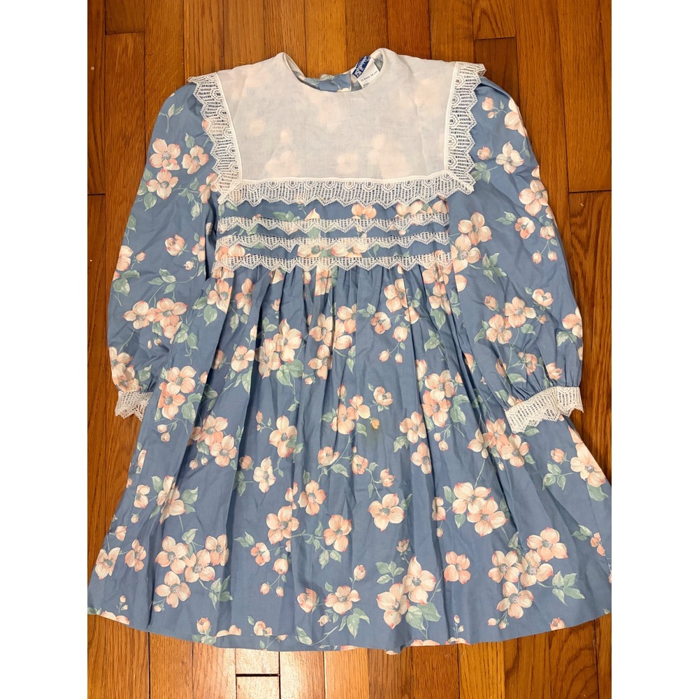 Vintage Polly Flinders Girls Blue Floral Lace Bib Dress Size 12 Made in USA